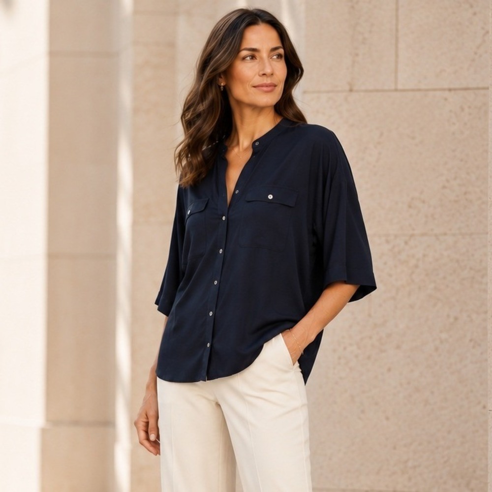 Vince Womens Silk Blend Utility Blouse L Navy Blue Short Sleeve Minimalist Shirt